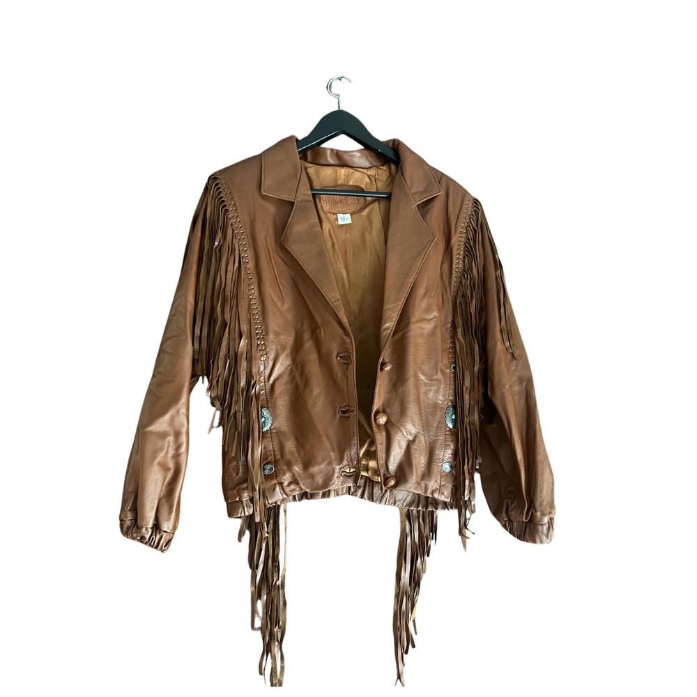 Vintage 70s Leather Fringe Western Jacket Concho Brown Made Mexico Hawkeye